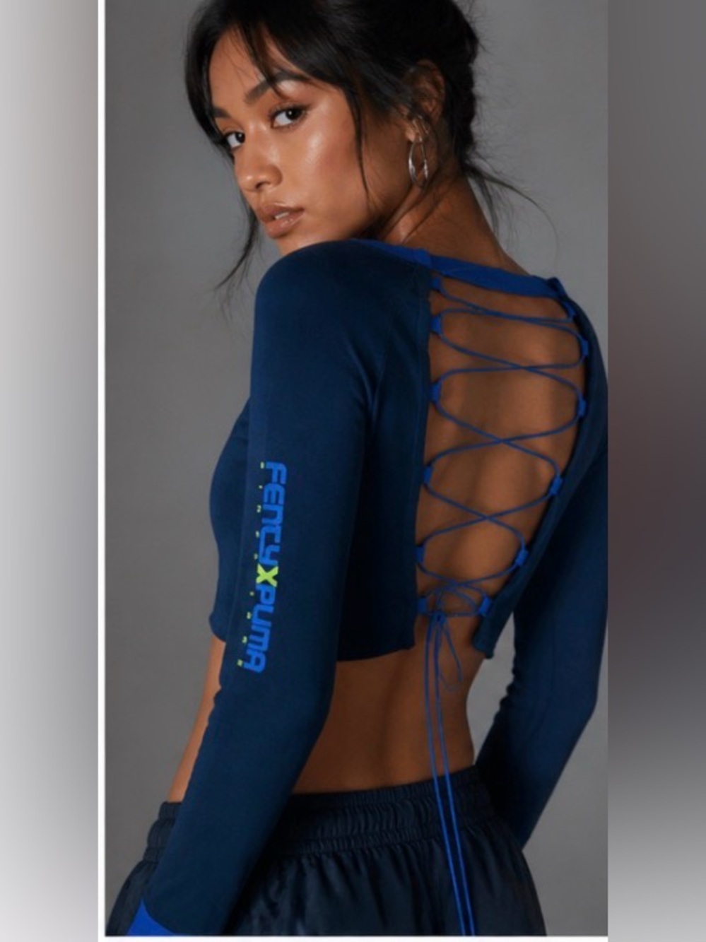 Fenty x Puma Rihanna Cropped Top Small Navy Lace-Up Back Long Sleeve Athleisure